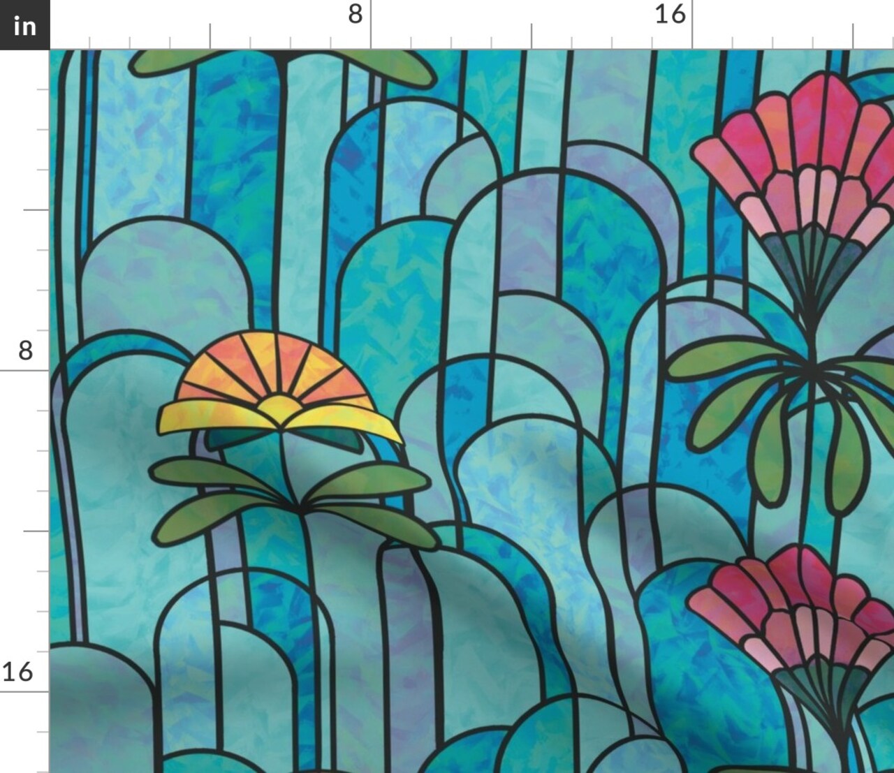 Bold Floral Abstract Geometric Stained Glass Blue Green Pink Yellow Flowers Custom Printed Fabric by Spoonflower Various Fabrics by the Yard or Fat Quarter